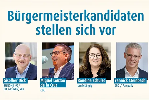 Die vier Bügermeisterkandidaten aus Rösrath. Bondina Schulze (Amtsinhaberin, unabhängige Kandidatin), Giselher Dick (Bündnis 90 / Die Grünen & ZLR), Migel Louzao De la Cruz (CDU) und Yannick Steinbach (Forspark & SPD).